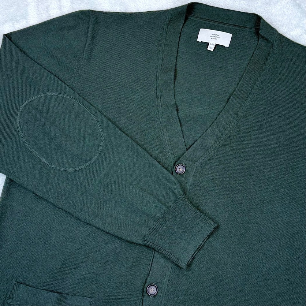 Jack Spade 100% Wool Cardigan Mens XL Green Elbow Patch V-Neck Button Sweater